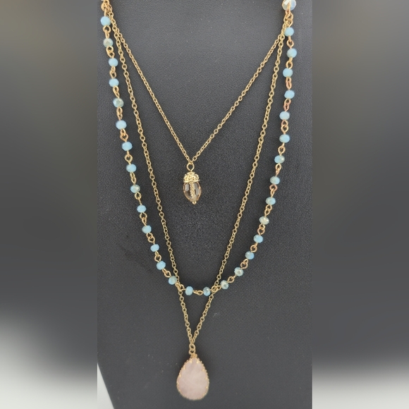 Layered Gold Tone Necklace w/ Rose Quartz & Crystal Beads 28” - Picture 8 of 9